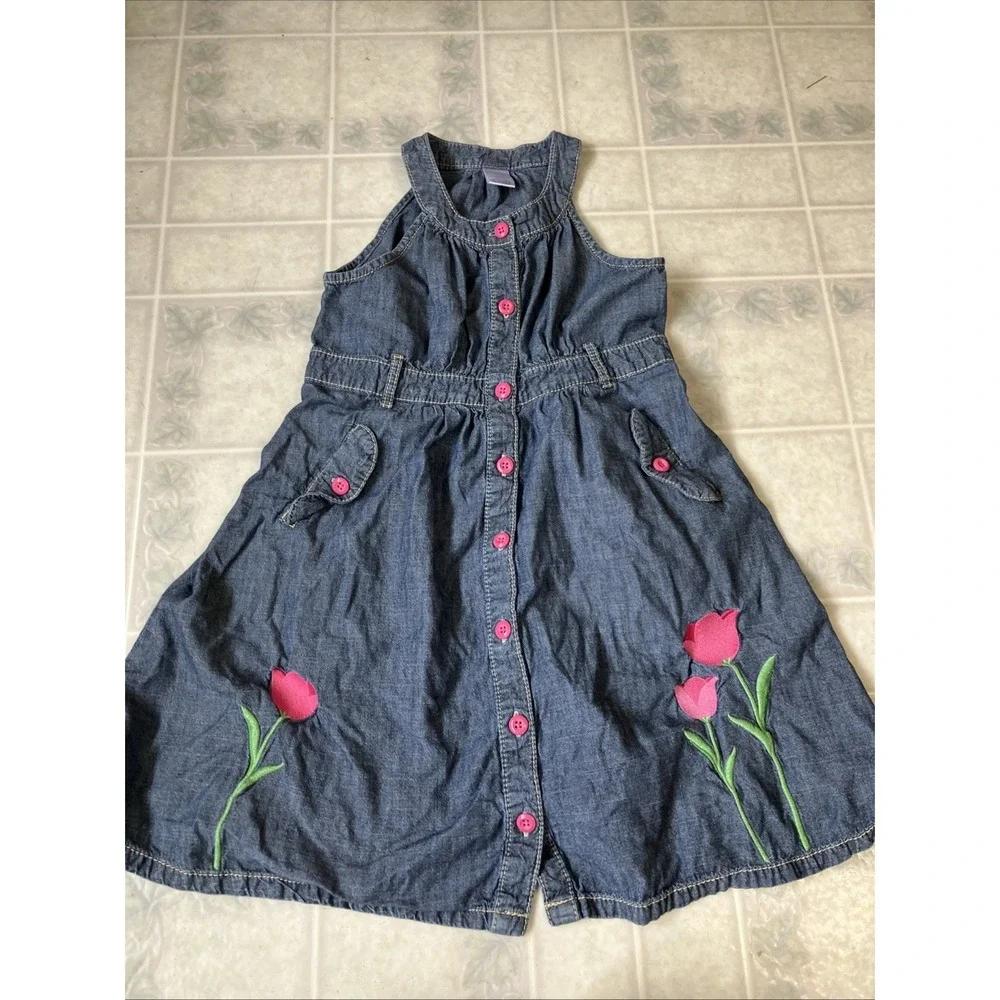 Gymboree vintage 2011 TULIPS denim Chambray DRESS sz 8 embroidered pink tulips